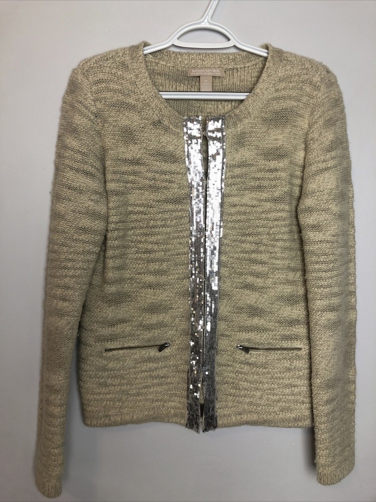 Banana Republic Womens Beige Merino Wool Sequin Sweater Size M – Extra Fine Knit  