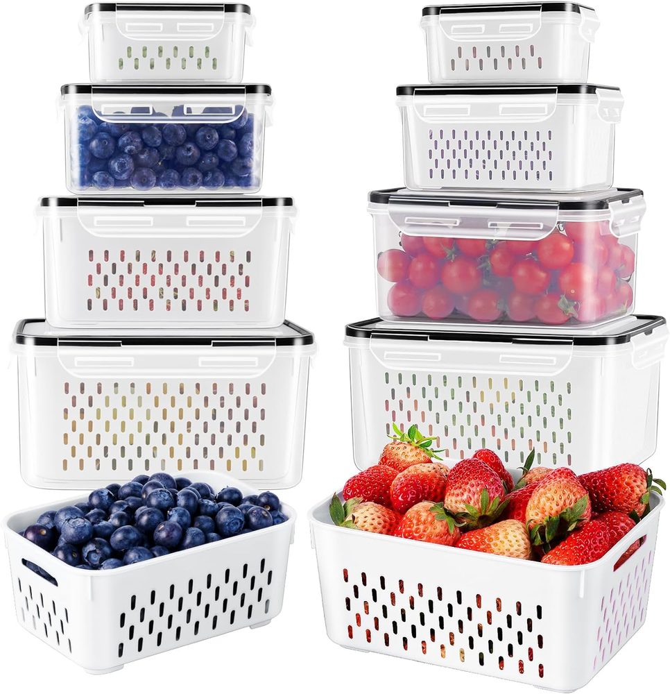 4-Piece Airtight Fruit Storage Containers with Removable Colander for Fridge Fresh Food Preservation