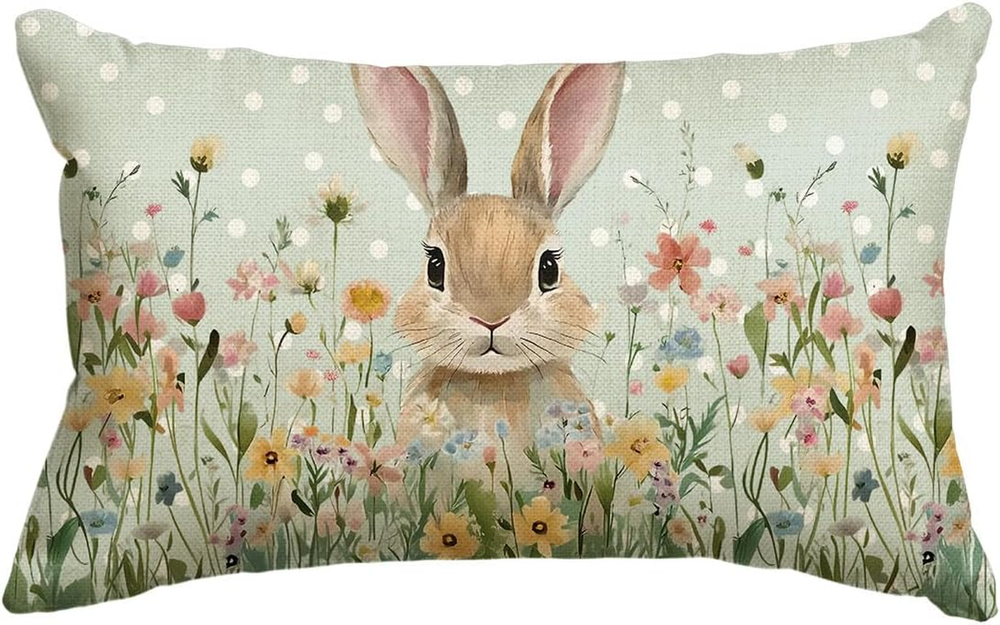 Easter Bunny Wildflowers Polka Dot Pillow Cover 12x20 Inches Cushion Case