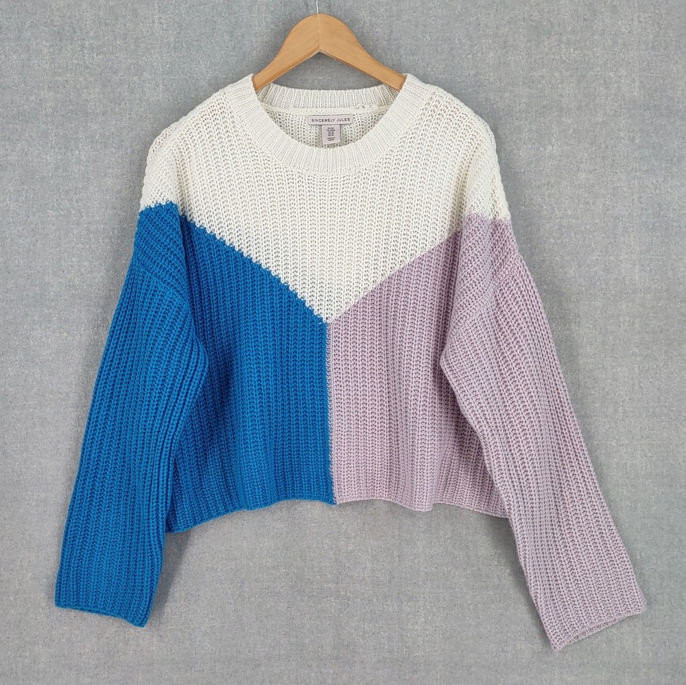 Sincerely Jules Sweater Medium Colorblock Chunky Knit Crop Slouch Pullover Boho