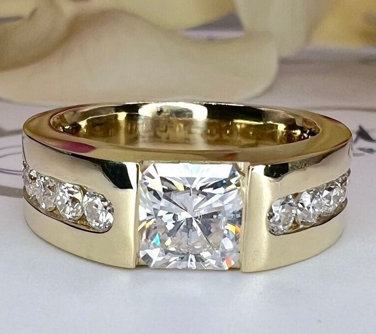 4CT Princess Cut VVS1/D Moissanaite Engagement BAND Ring 14K Yellow Gold Plated