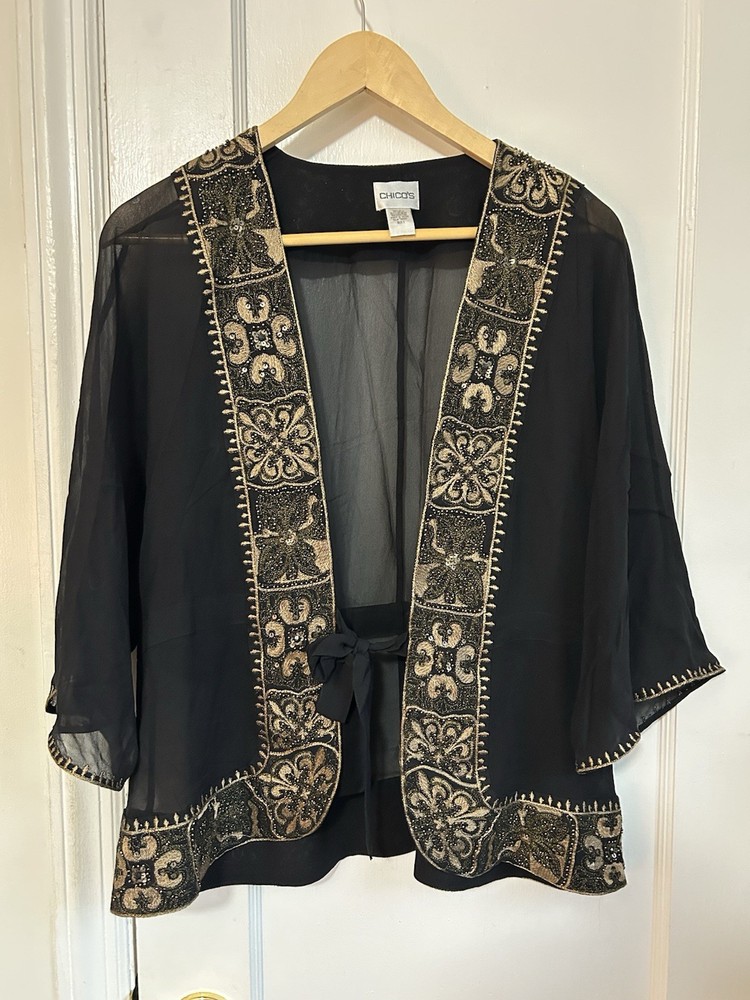 Chico's Silk Sheer Embroidered Kimono Womens 2 Large Black Beaded Boho Artsy
