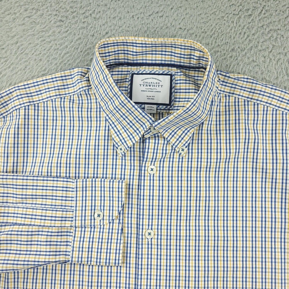 Charles Tyrwhitt Dress Shirt Mens 17 Blue Check Slim Fit Non Iron Cotton