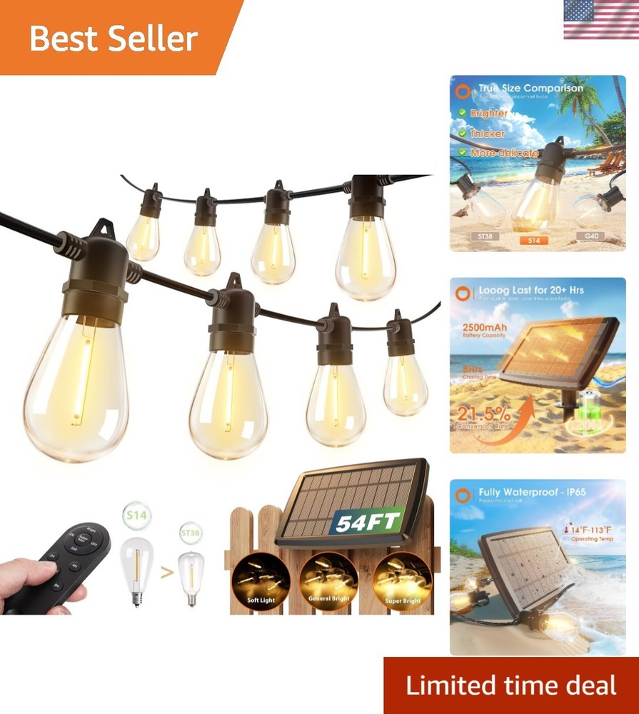 54FT Solar USB Patio Lights with Remote - Dimmable Waterproof Outdoor String Lights