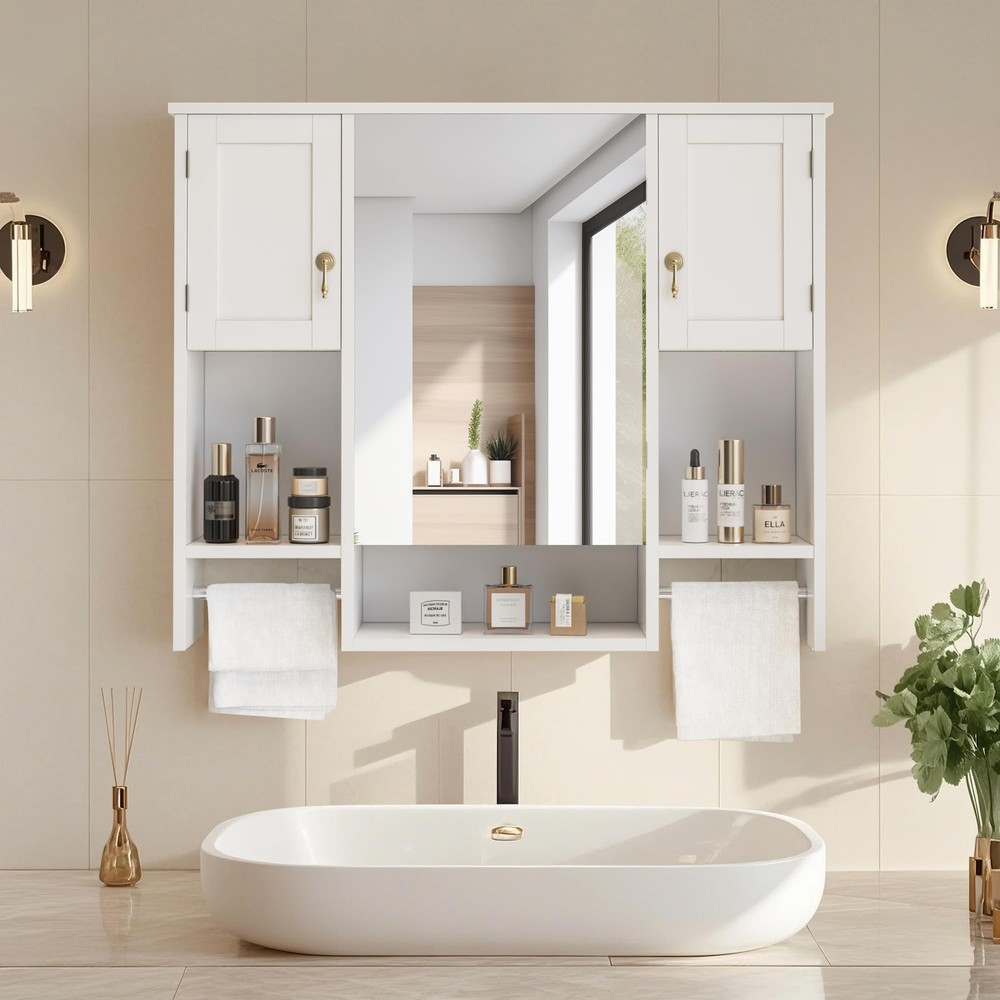 Bathroom Wall Mounted Medicine Cabinet with Mirror and Open Storage