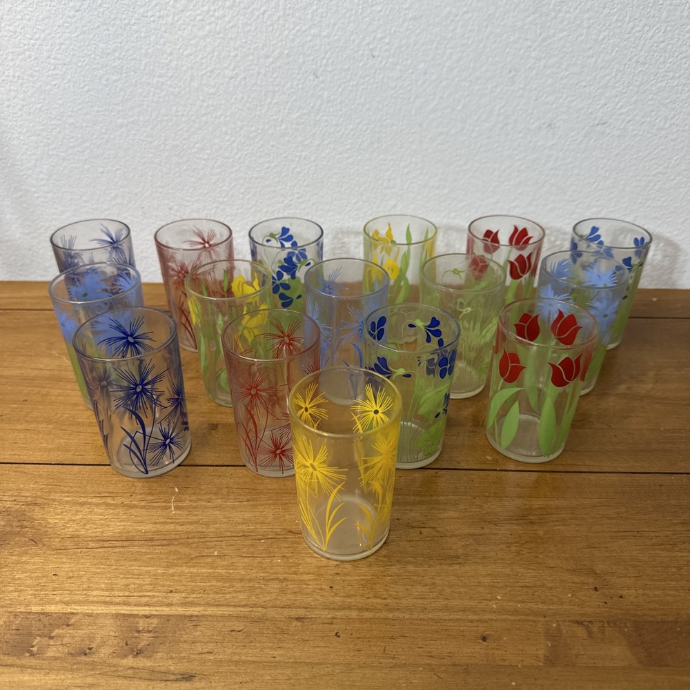 16 -Vintage Swanky Swigs  thistle, tulip, violet, Floral Juice /set of 4 glasses