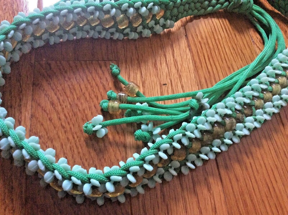 New years Y2K Nylon woven green dress belt beaded long 45” boho hip renaissance-image