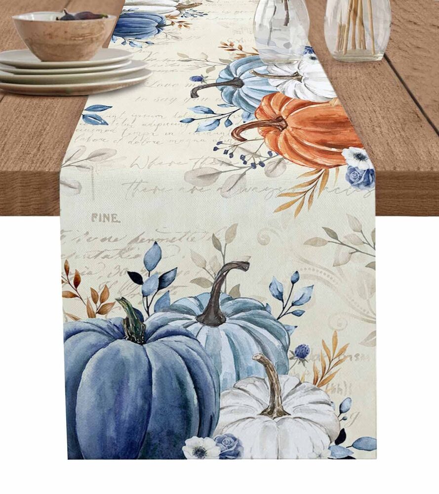 Thanksgiving Fall Table Runner - 72 Inch Long Maple Leaf Blue Orange Gray Pum...