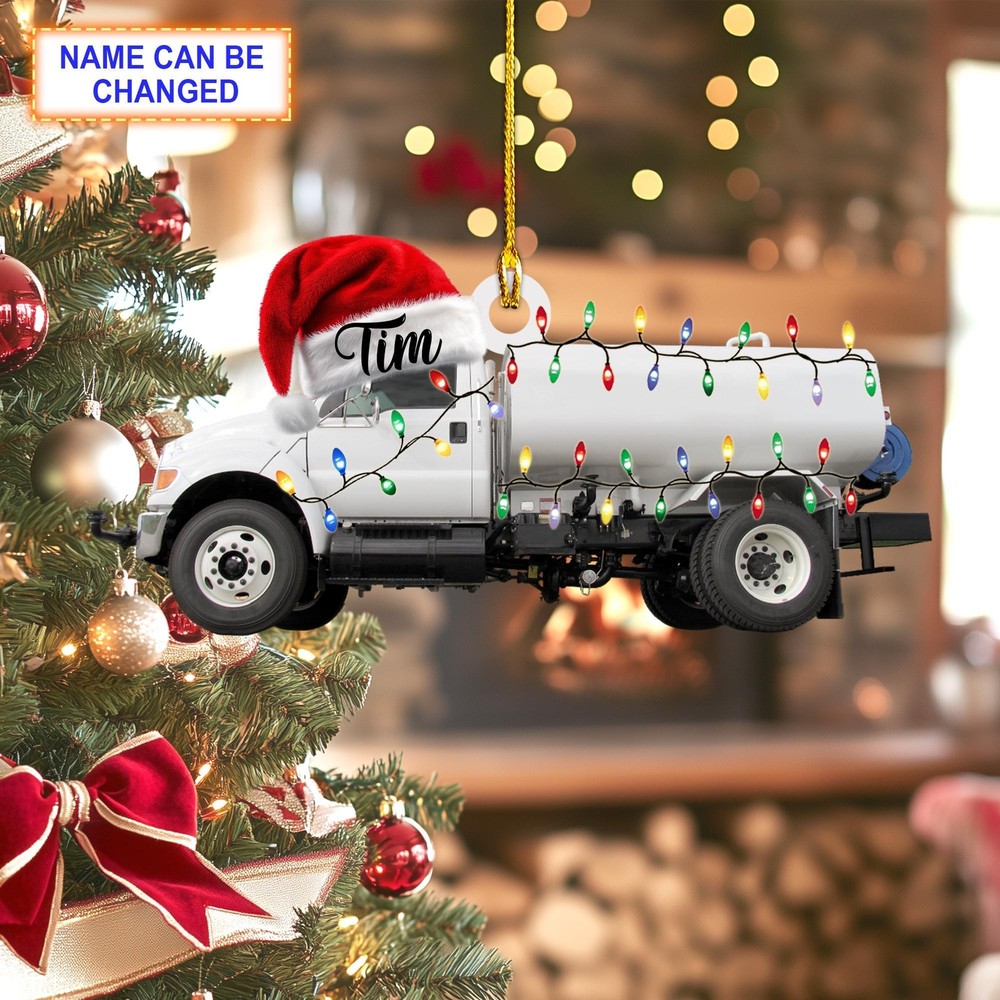 Custom Name Watering Truck With Santa Hat and Christmas Lights Ornament  Christm