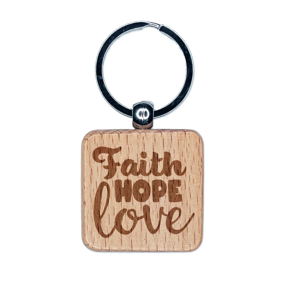 Faith Hope Love Engraved Wood Square Keychain Tag Charm