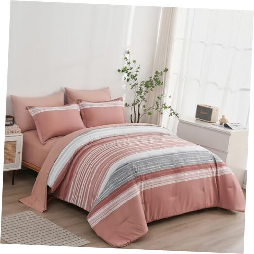 7 Piece Bed in a Bag Stripe Comforter Set Queen Size, White Grey Blush Pink