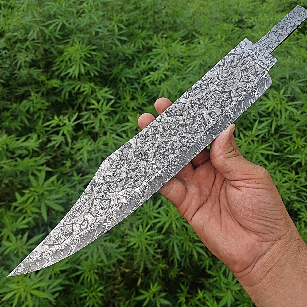 Custom Damascus Steel Hunting Bowie Knife Blanks Full Tang Mosaic
