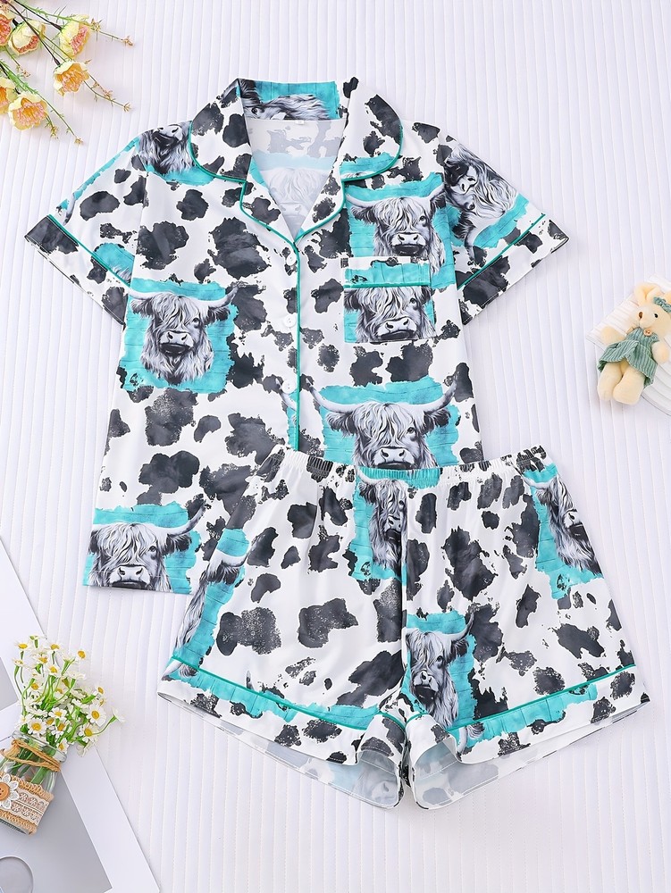 2pcs Women's Pajama Set - Animal Cow Ink Style, Short-Sleeved,
