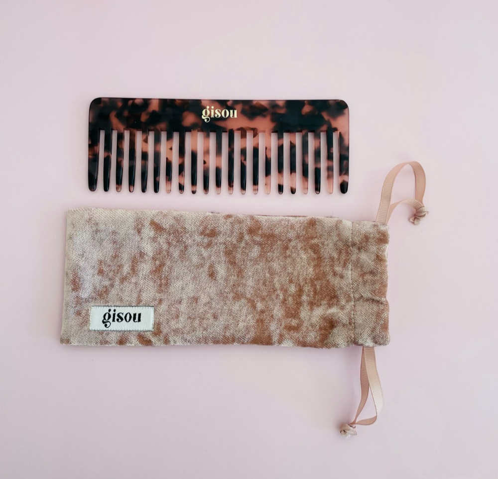 GISOU 2017 Texture Tortoise Brown Wide Tooth Comb + Pink Crushed Velvet Pouch