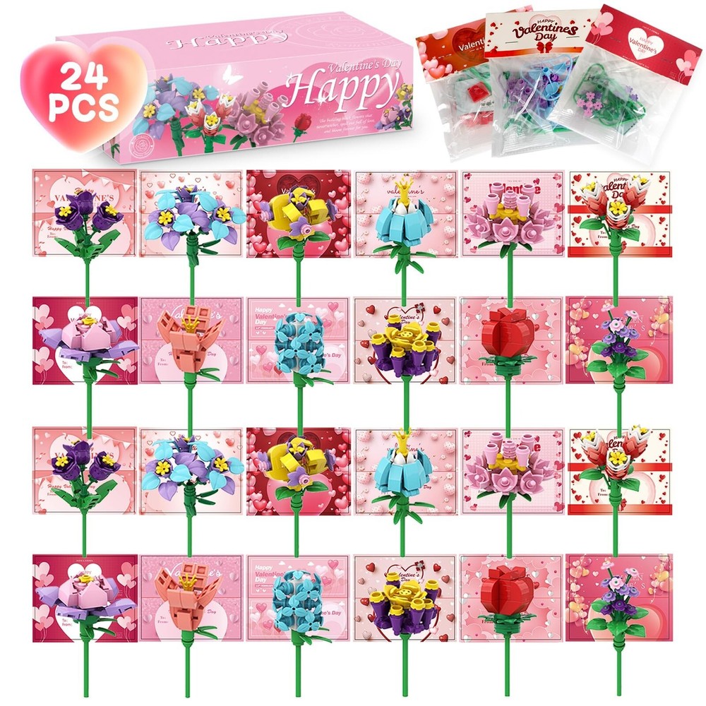 24 Pack Valentine's Flower Building Blocks Party Favors Ideal for Kids Classr...