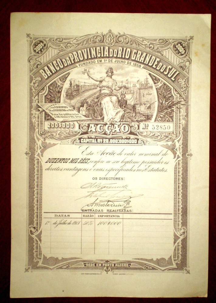 Banco da Provincia  Rio Grande do Sul  Share certificate Brazil 1918
