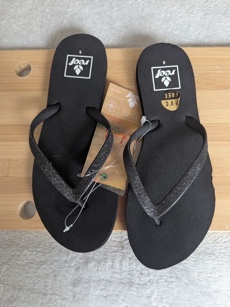 Reef Womens Stargazer Black Glitter Flip Flop Sandals Size 5
