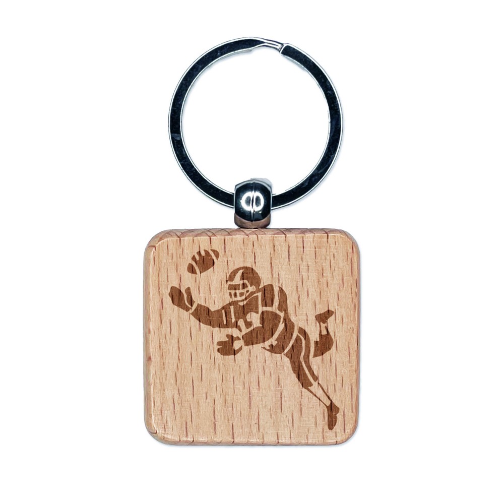 Cartoon Football Catch Engraved Wood Keychain Charm Tag