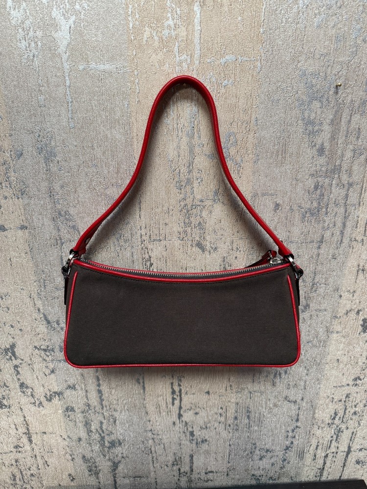 Kate Spade New York Baguette Shoulder Bag Brown Canvas Red Leather Trim Y2K