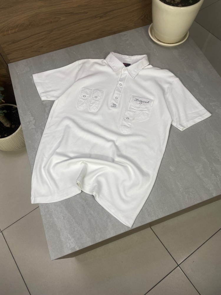 Diesel White Polo Shirt Multi Pocket Embroidered Logo Y2K Military Style- Size L