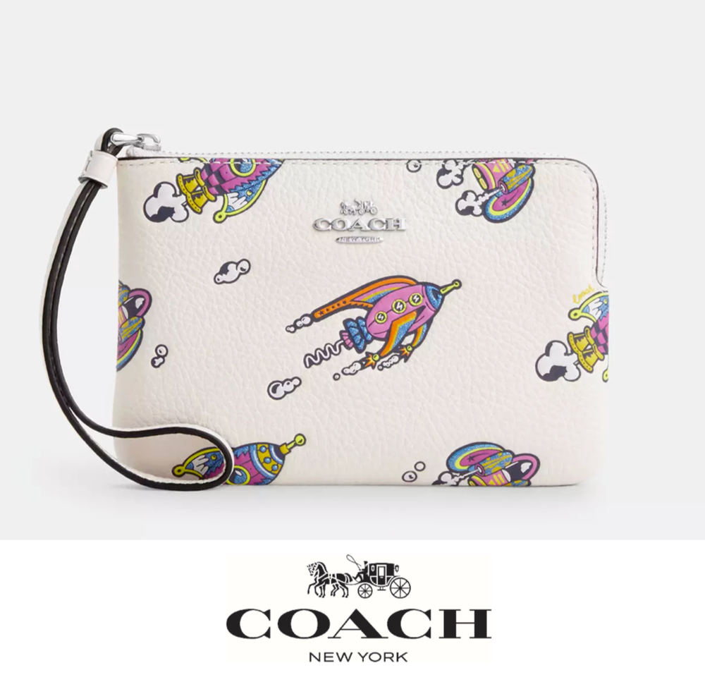 NWT Coach Cosmic Coach Corner Zip Wristlet With Rocket Print