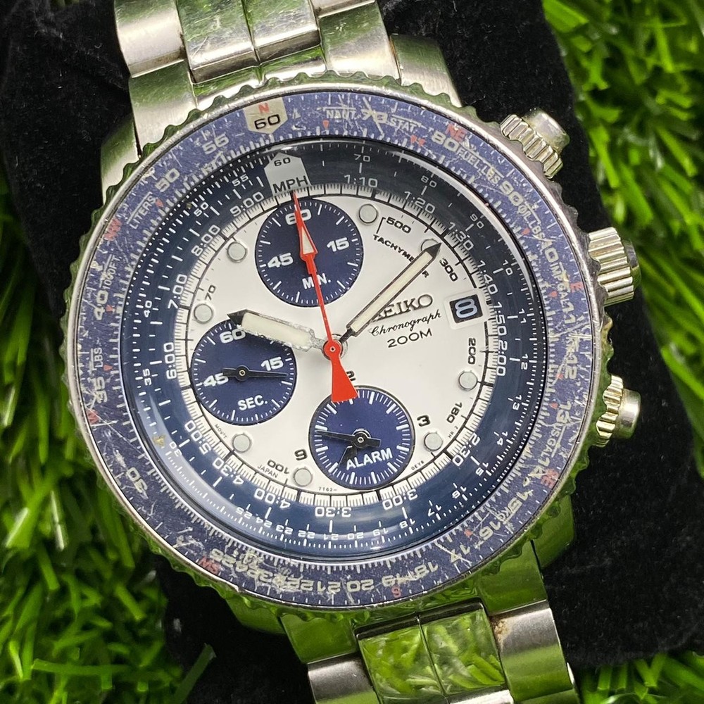 Rare Seiko Chronograph SNA413 Quartz Flightmaster Pilot Panda Dial White Men