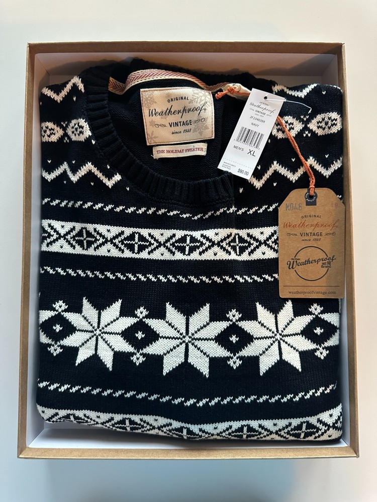 Weatherproof Vintage Men’s Holiday Sweater XL Black White Fair Isle NWT w/ Box