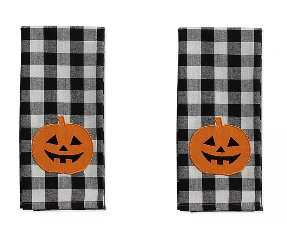 2-Pack Black & White Check Jack-o-Lantern Halloween Kitchen Towels