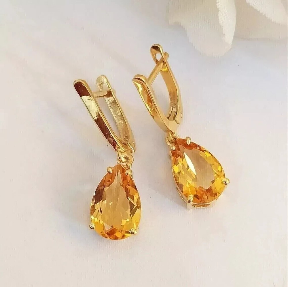 4.00 Ct Pear Cut Lab-Created Citrine Dangle Earrings in 14K Yellow Gold Plating