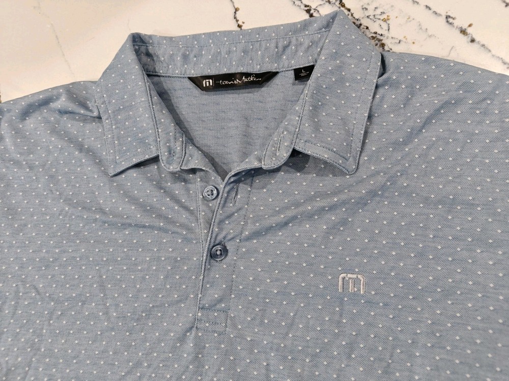 Travis Mathew Polo Shirt Mens Large Blue Dot Pattern Short Sleeve Golf Pima