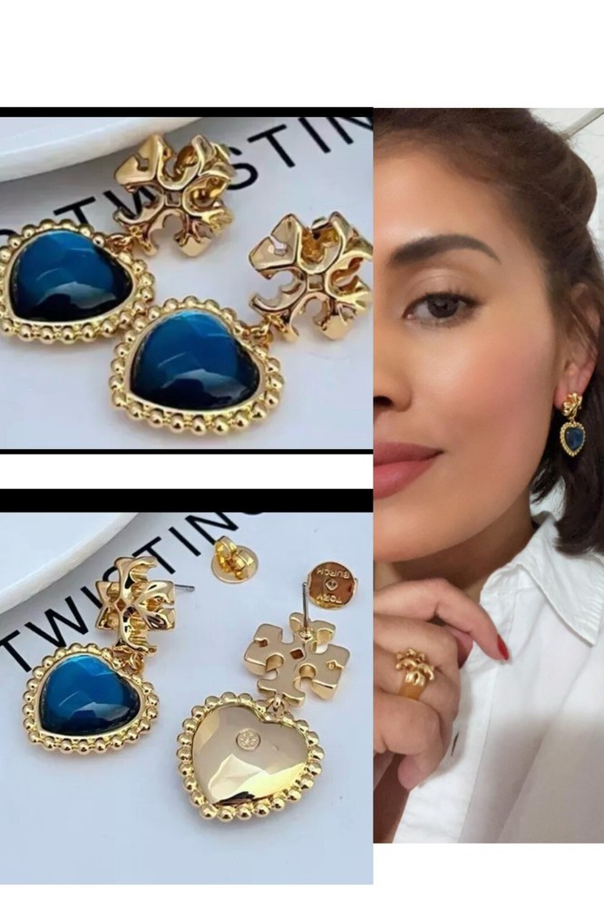 Tory Burch Lady Heart Shaped Blue Crystal Nice Limited Edition Lady Earrings