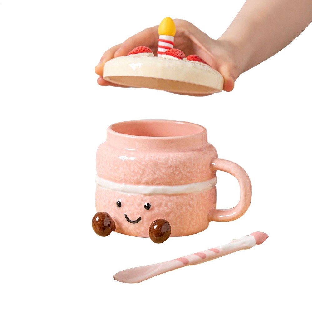 Novelty Coffee Mugs 400ml Ceramic With Lid Spoon Cake Shaped Aesthetic Mug Cup