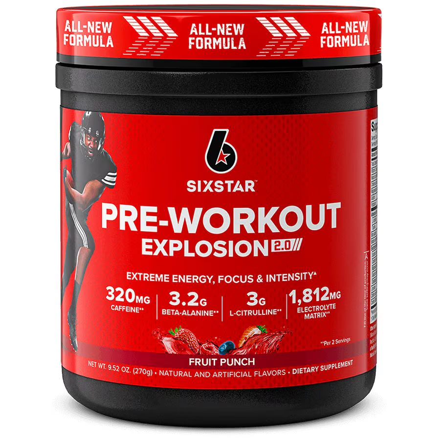 Six Star Pre-Workout Explosion 2.0, Fruit Punch Powder Supplement 9.52 oz 270g