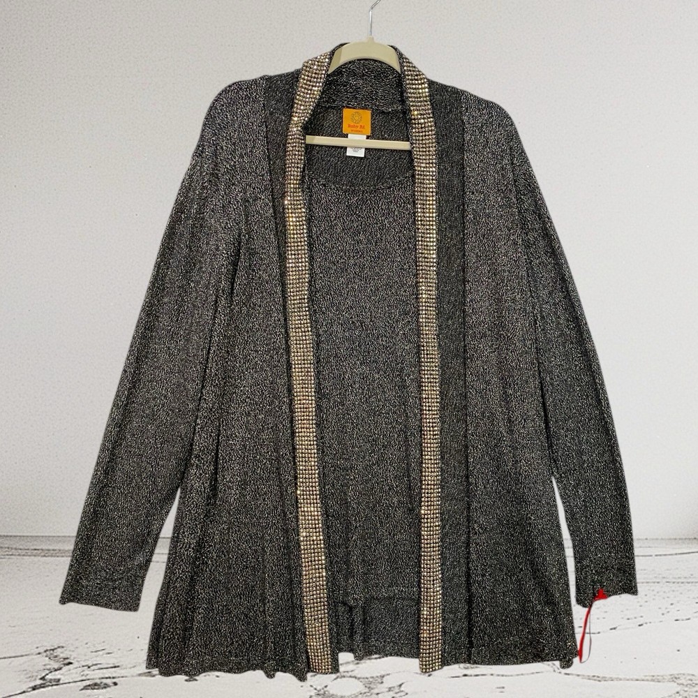 Ruby Rd Embellished Studded Cardigan with Lined Tank in 2X Metallic