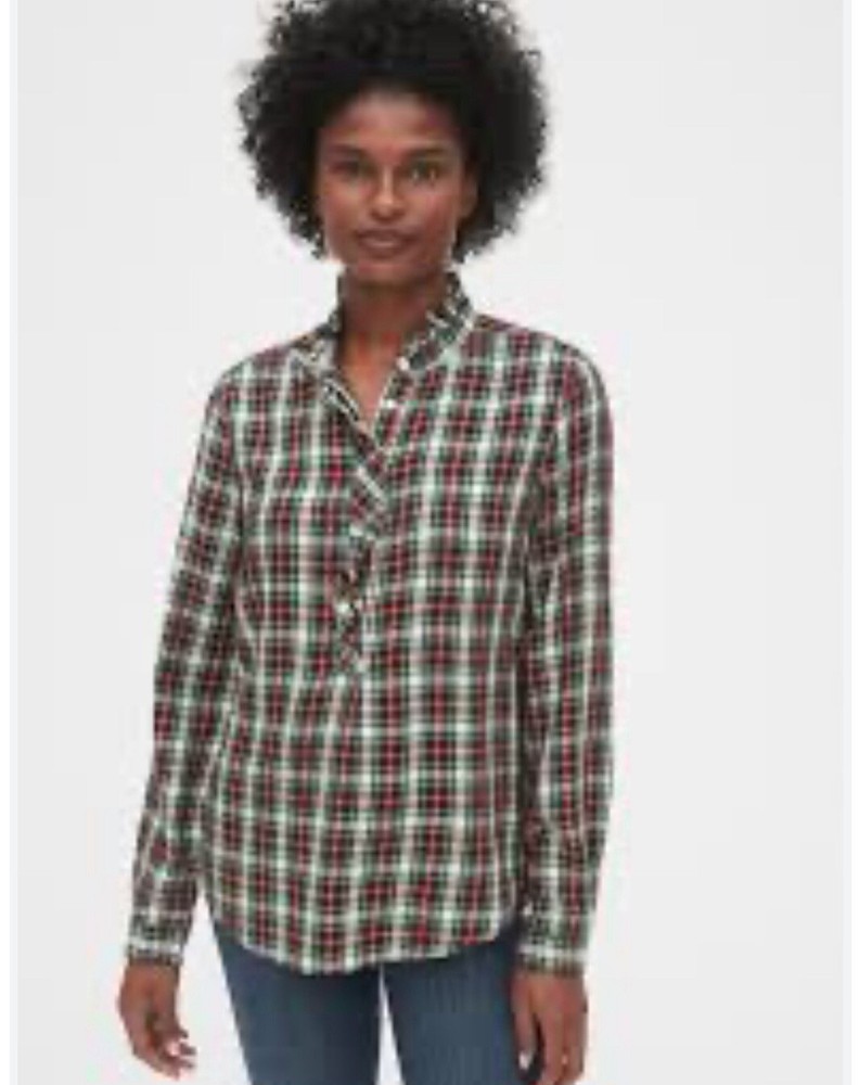 Gap Women’s Size XL Long Sleeve Ruffle Plaid Popover Blouse