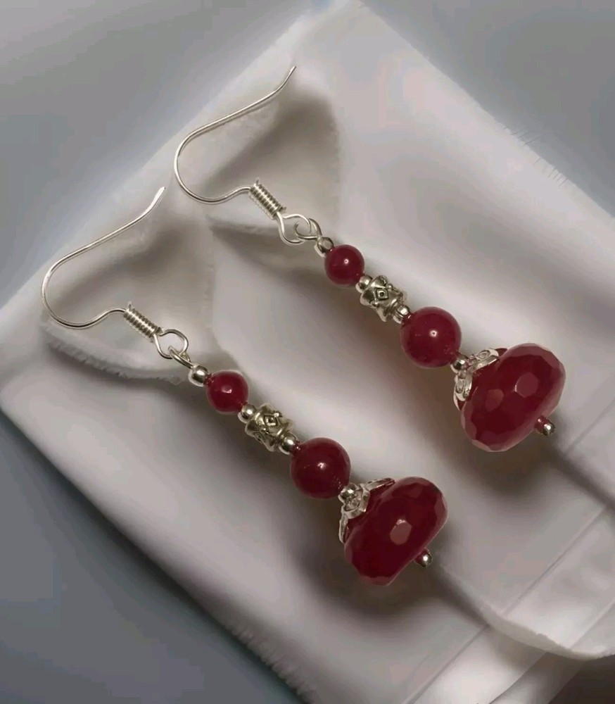 Vintage Silver Plated Handmade Red Ruby and Jadeite Gemstone Earrings