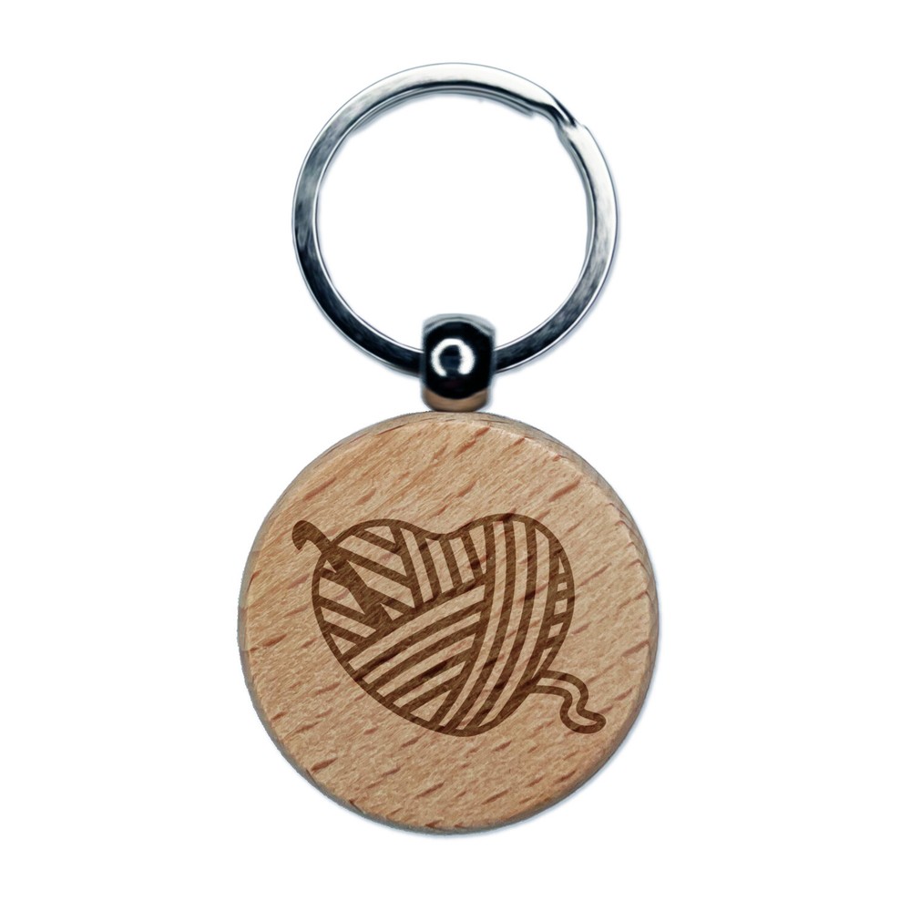 Yarn Heart Crocheting Engraved Wood Round Keychain Tag Charm