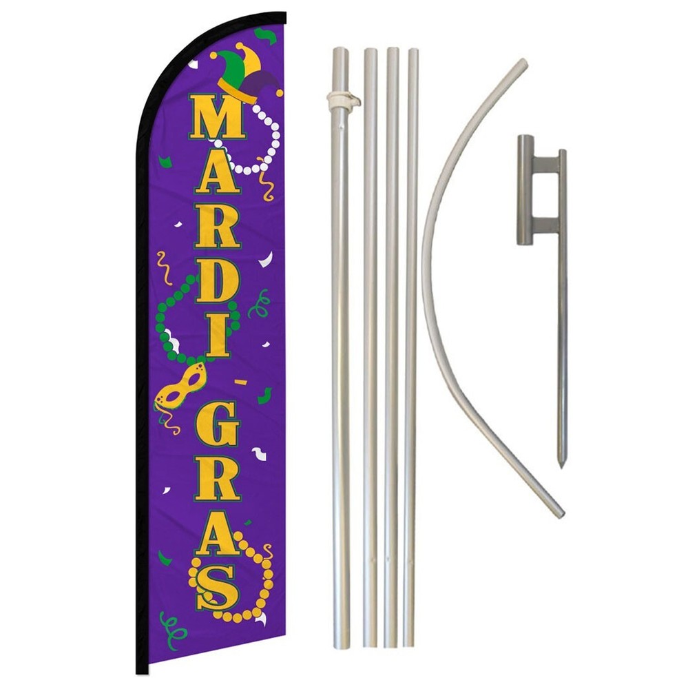 Mardi Gras Full Curve Windless Swooper Flag Kit with Pole for New Orleans Festivities  