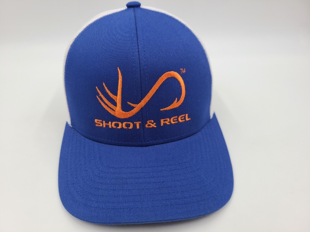 Shoot & Reel Mesh Trucker Snapback Hat Cap Fishing Men Women Blue White Orange