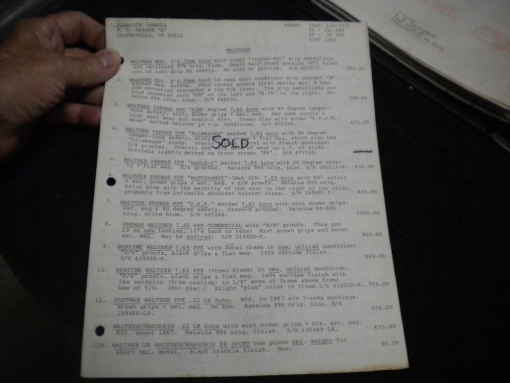 Harrison Carroll List 1284 ,Jan  , 1985  Colt SAAs,  , S&W, Price List