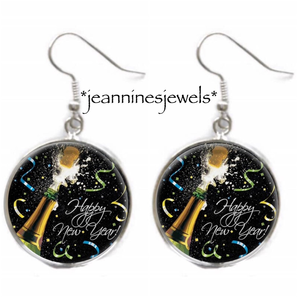 New Years Celebration EARRINGS Silver Charm Dangle Happy New Year Party Gift-image