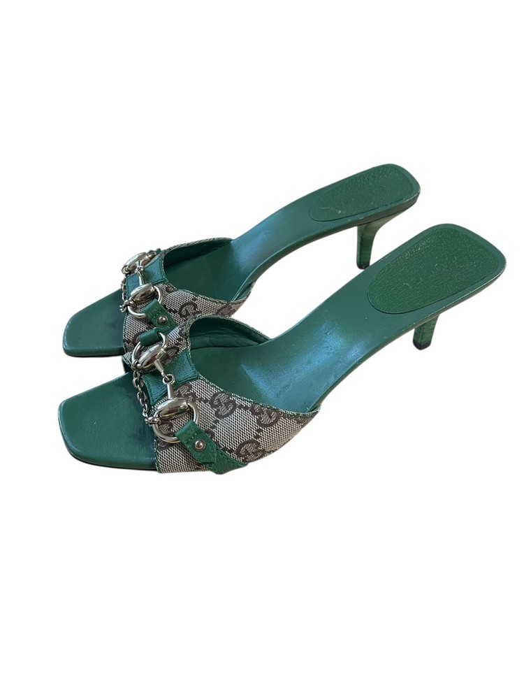 GUCCI Vintage Y2K Green Horsebit Slide Mules Kitten Heels US 7