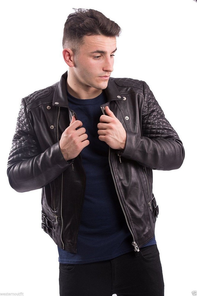 Black Lambskin Biker Leather Jacket for Men Party Wear Long Sleeves
