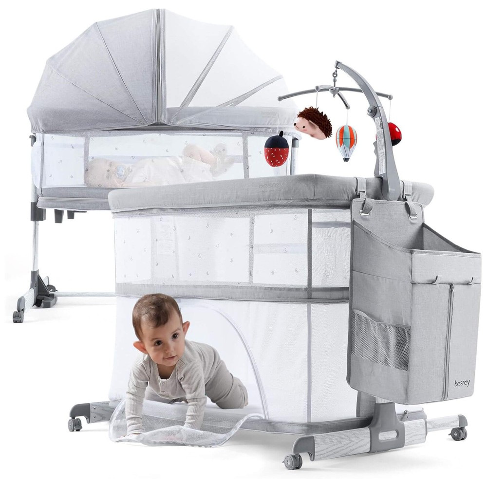 Besrey 5-in-1 Baby Bassinet Bedside Sleeper with Playpen, Mobile Toy Hanger, Han