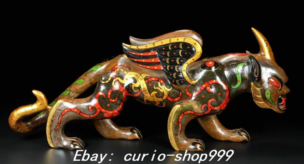 14.5 Inch Han Dynasty Hetian Jade Gold Dragon Statue