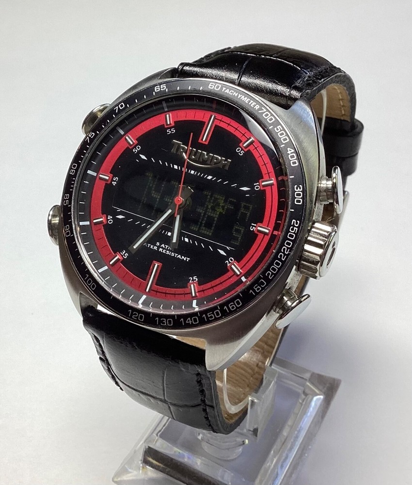 Triumph Motorcycle Mens Watch Analog Digital 45mm Silver Red Black New Battery