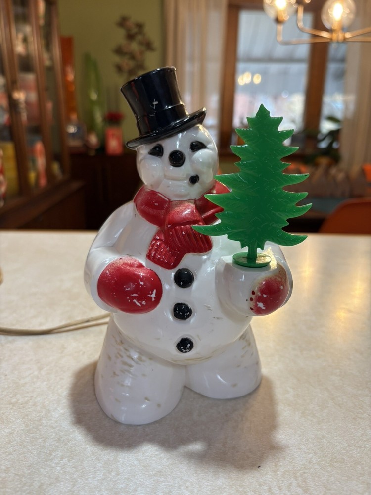 Vintage Royalite Light Up Tabletop Snowman Hard Plastic Blowmold w/original Tree