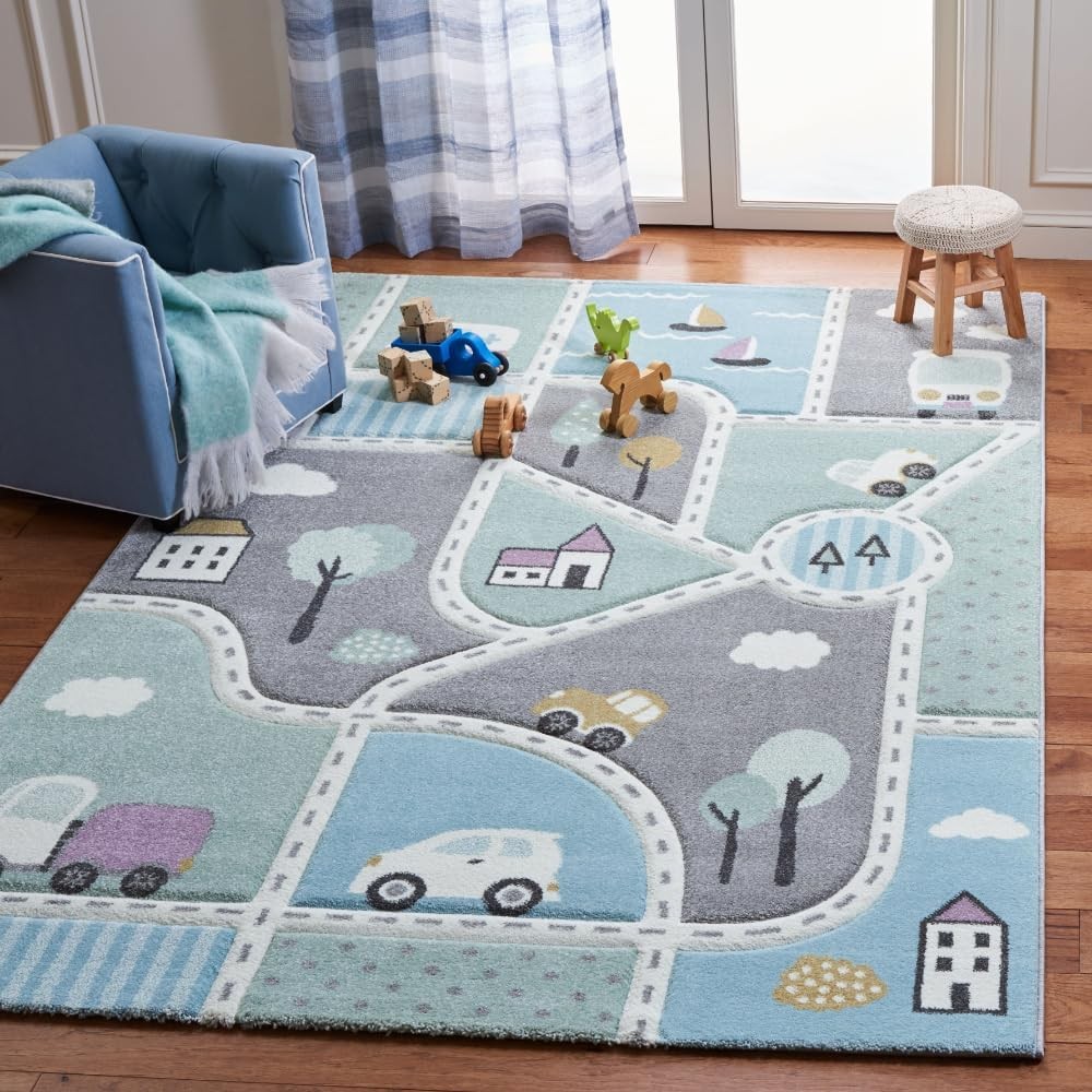 SAFAVIEH Carousel Kids Collection Accent Rug - 4' x 6', Grey & Light Blue