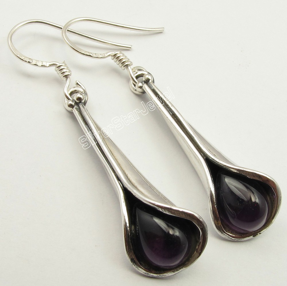 PROMOTION 925 Silver Drop Amethyst Dangle Earrings 4.2 cm Bold Fashion Jewelry