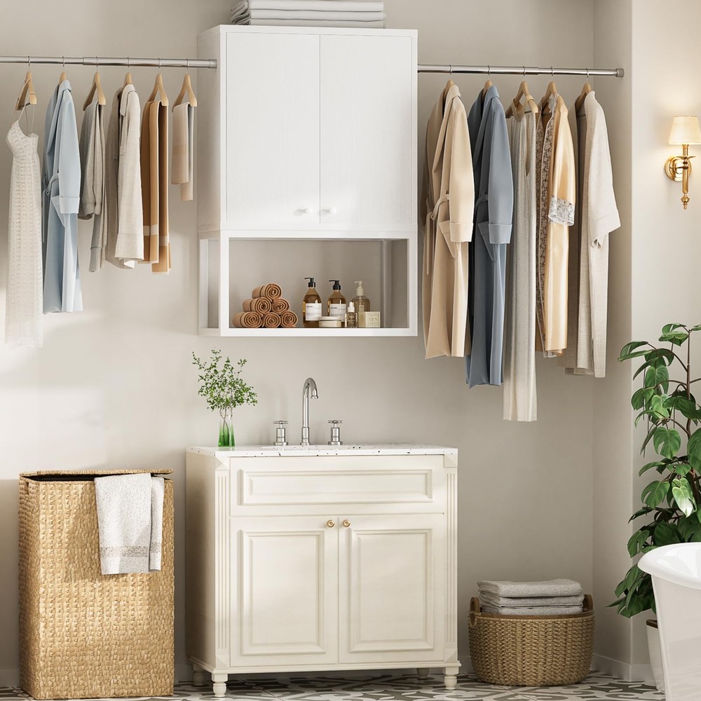 67-Inch Wide Laundry Wall Cabinet with 2 Doors & Dual Hanging Rods